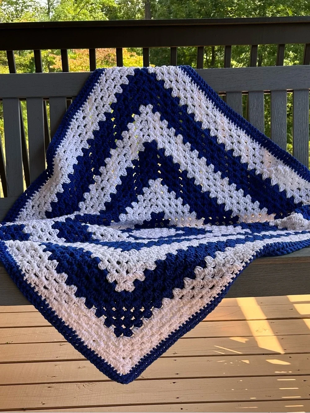 Handmade crochet blue & white throw. Approximate 46x46” very clean